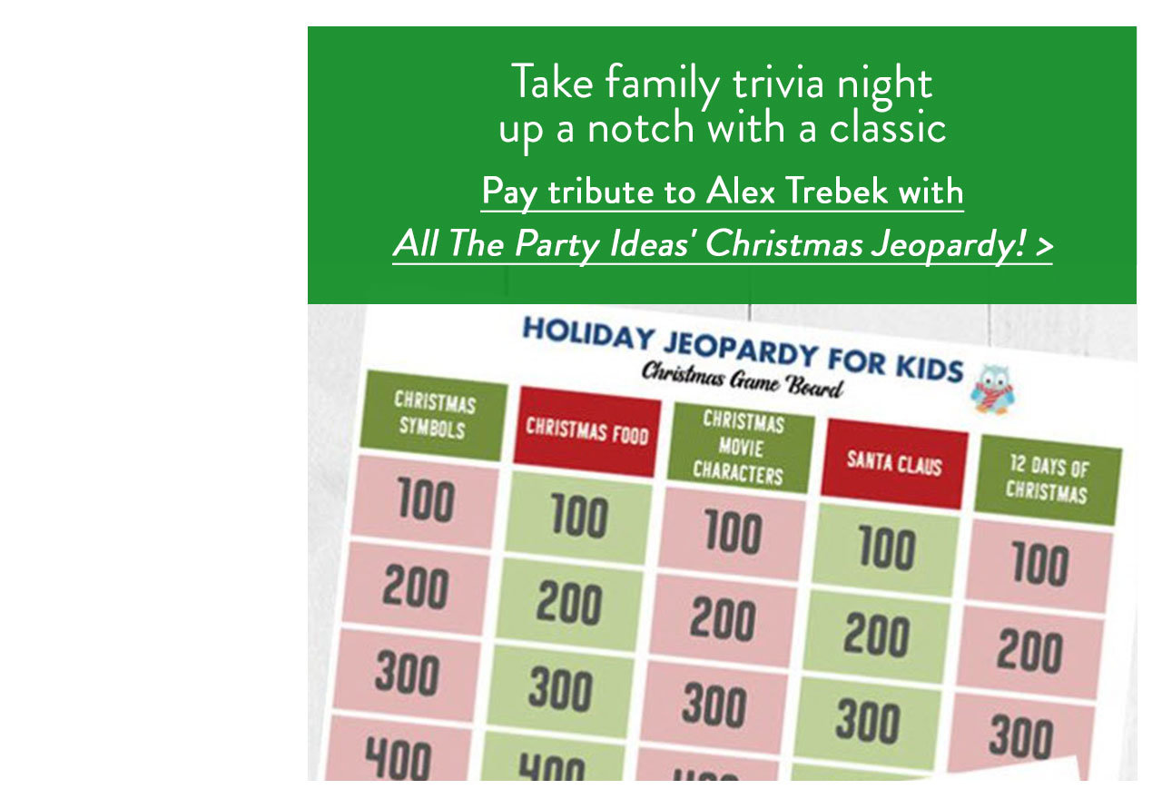 Pay tribute to Alex Trebek with All The Party Ideas' Christmas Jeopardy!