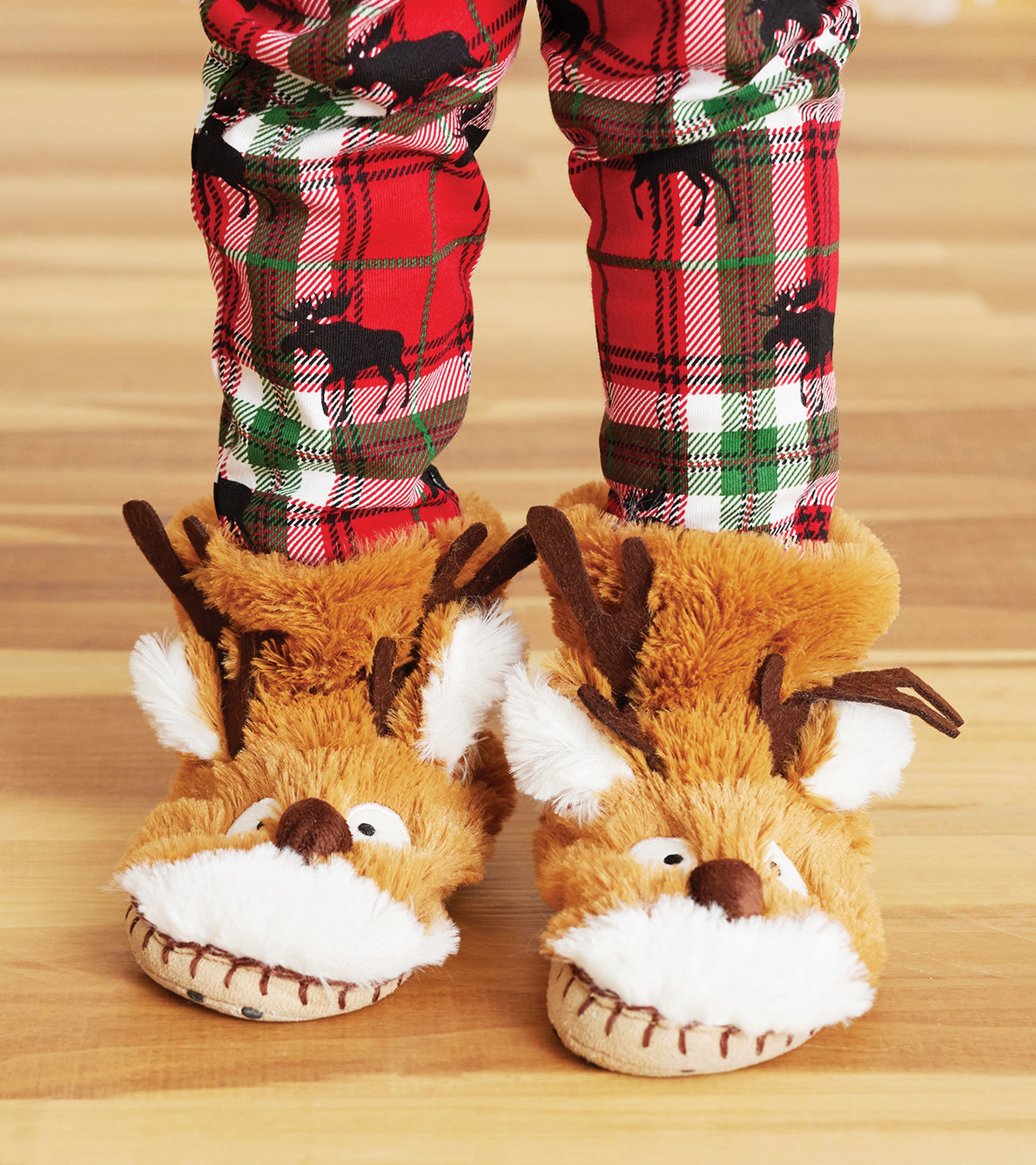 View larger image of Brown Reindeer Kids Fuzzy Slouch Slippers