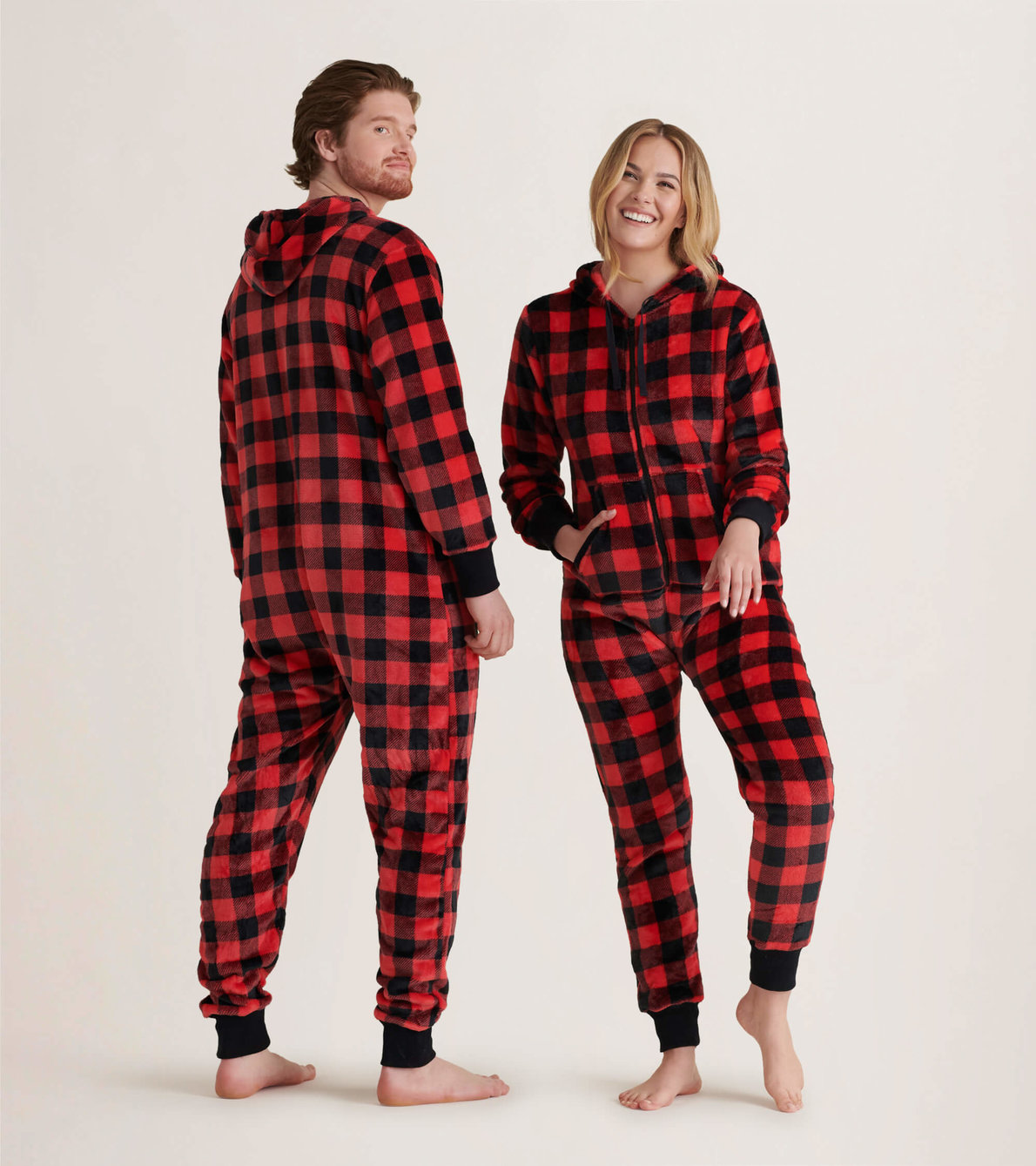 View larger image of Adult Buffalo Plaid Hooded Fleece Jumpsuit