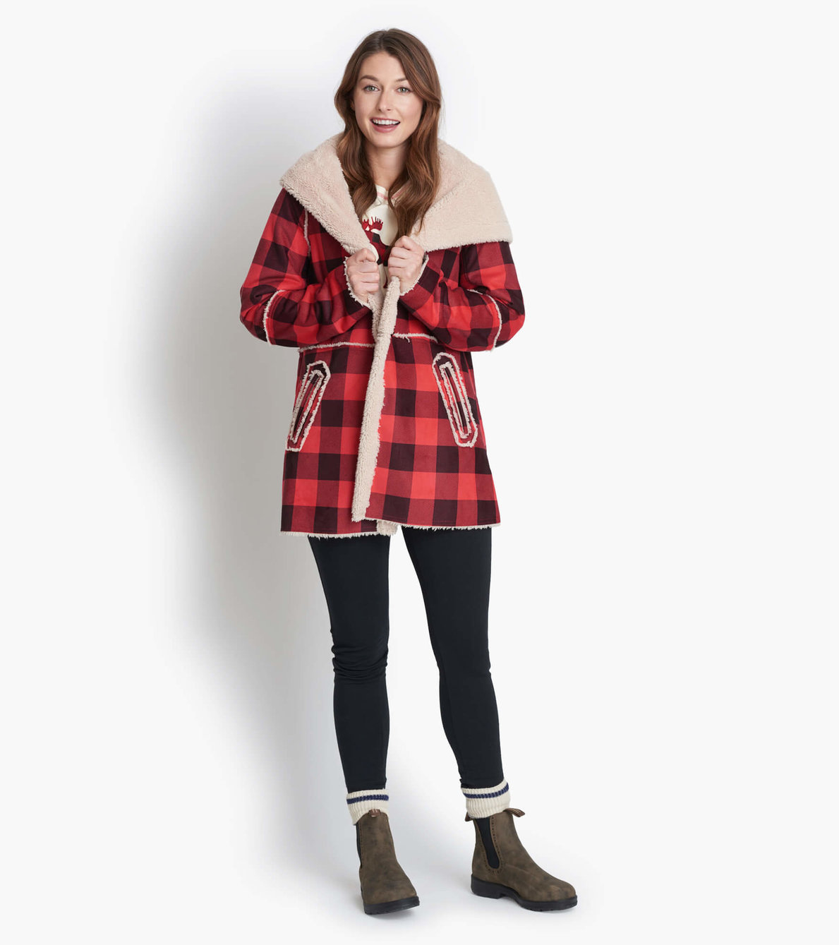 Agrandir l'image de Manteau de faux rason pour femme collection Heritage – Tartan rouge et noir 