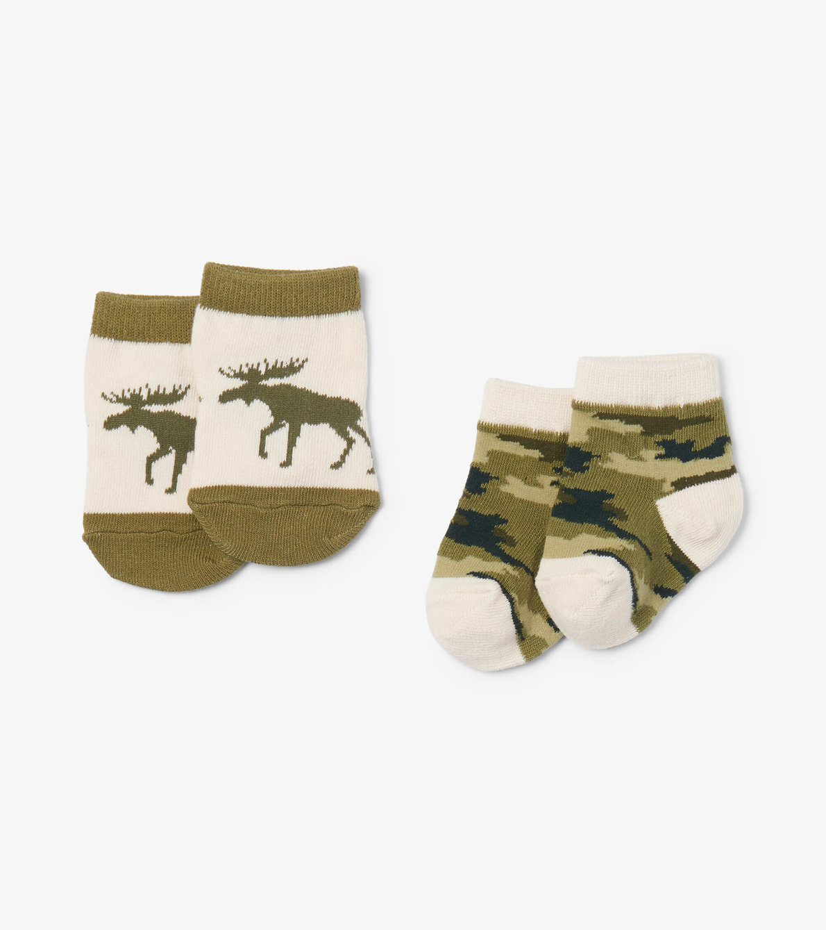 Agrandir l'image de Chaussettes pour bébé (deux paires) – Orignal sur fond avoine et motif camouflage