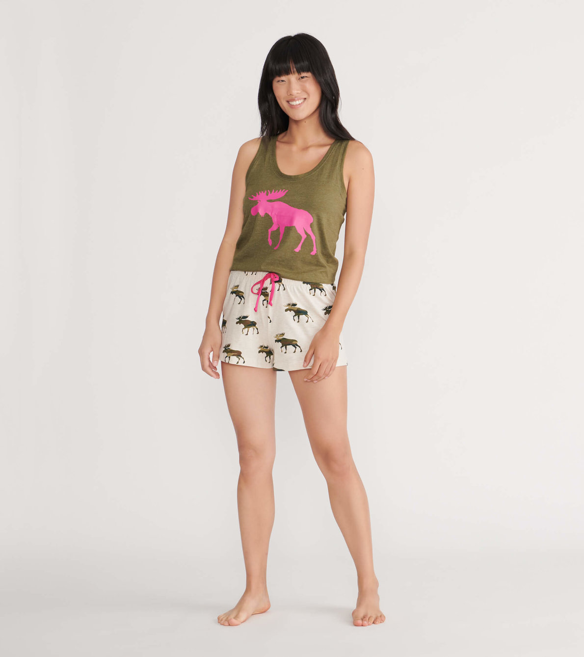 Agrandir l'image de Ensemble de débardeur de nuit et shorts interchangeables pour femme - Orignal sur motif camouflage