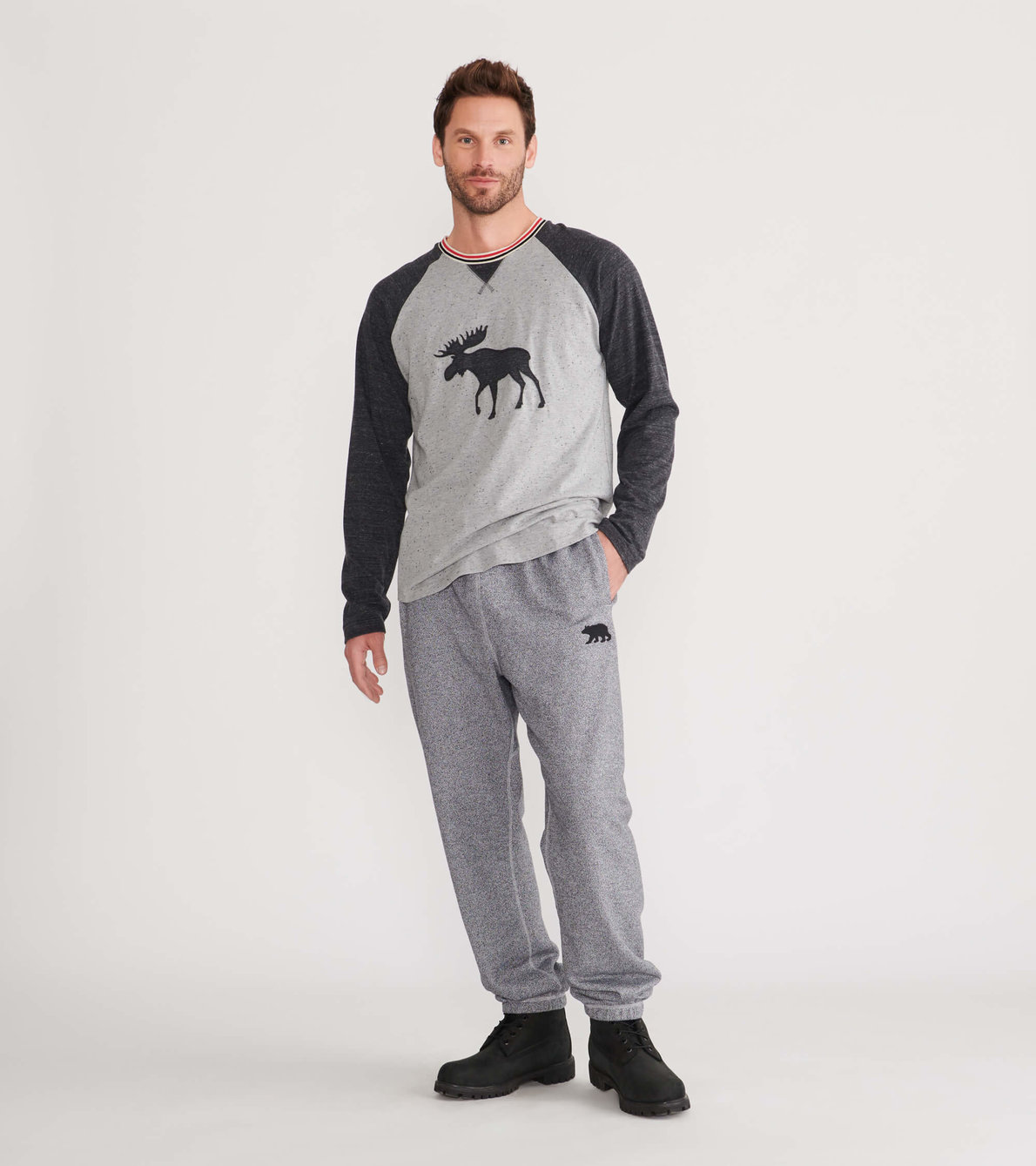 Agrandir l'image de T-shirt à manches longues raglan pour homme, collection Heritage – Orignal sur gris anthracite