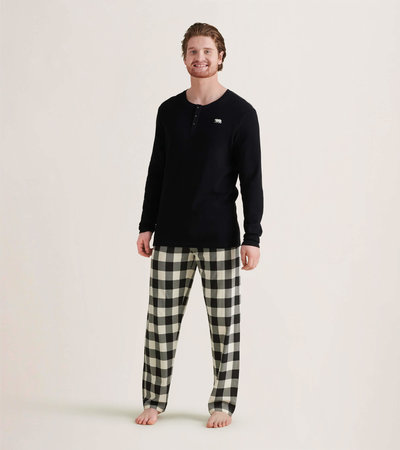 Cream Plaid Men's Henley and Pants Pajamas Separates