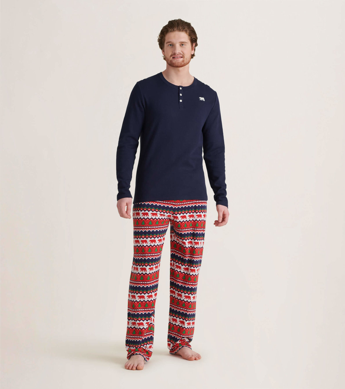 Agrandir l'image de Pantalon de pyjama en jersey pour homme – Ours sur motif Fair Isle