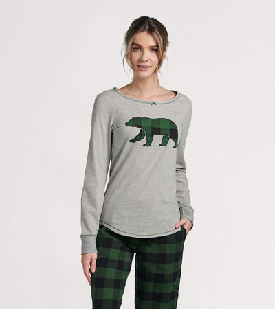 Haut en jersey extensible pour femme – Ours à motif tartan vert forêt