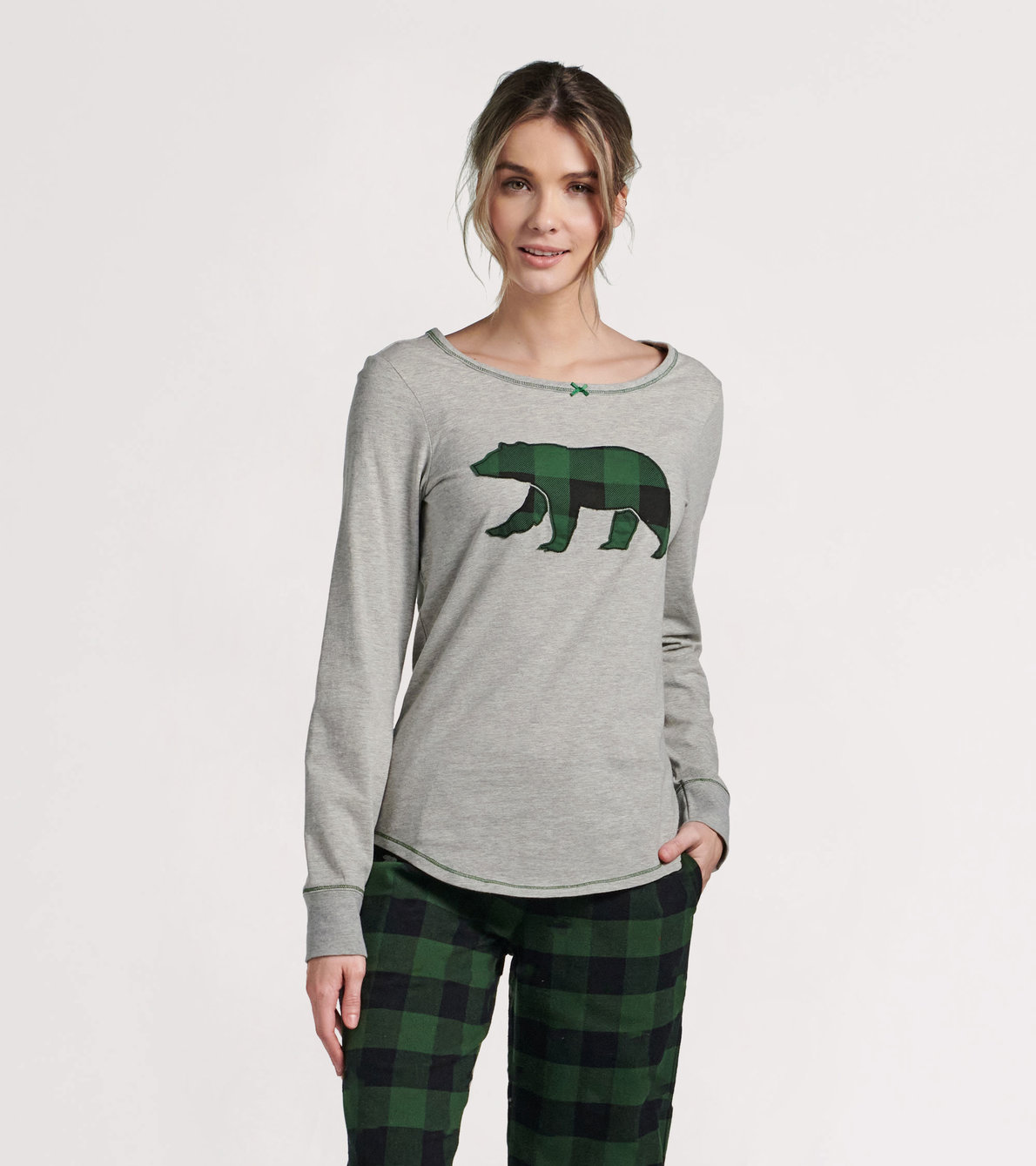 Agrandir l'image de Haut en jersey extensible pour femme – Ours à motif tartan vert forêt