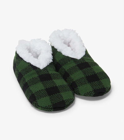Forest Green Plaid Kids Warm And Cozy Slippers