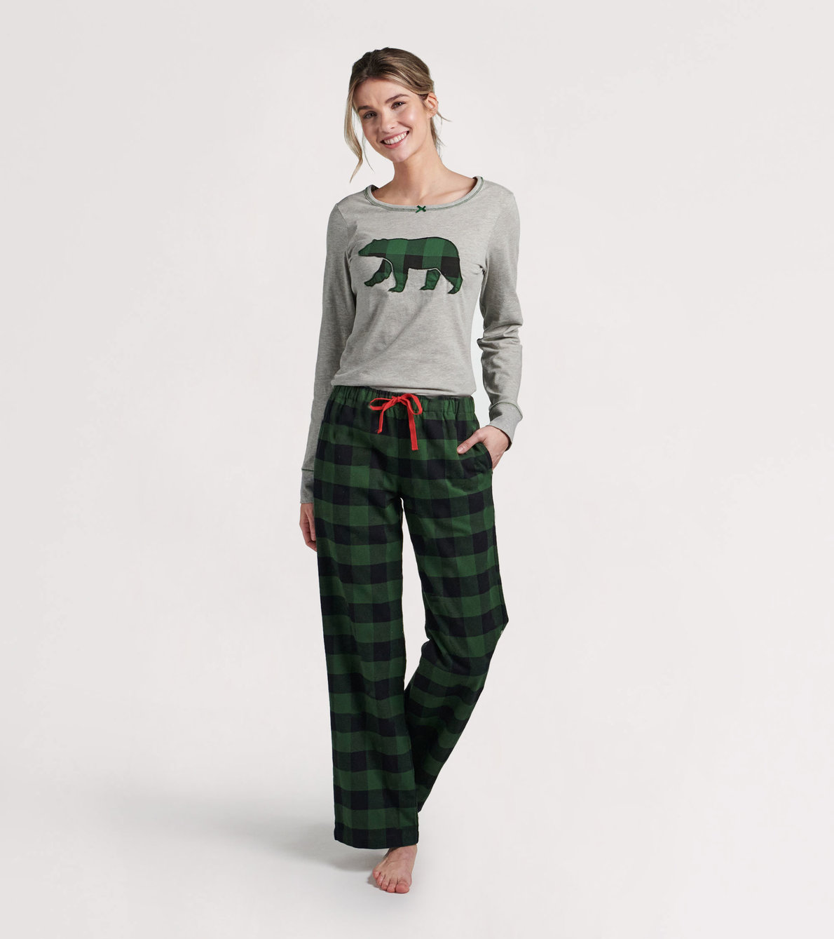 Agrandir l'image de Ensemble de pyjama t-shirt et pantalon interchangeables pour femme - Tartan vert forêt