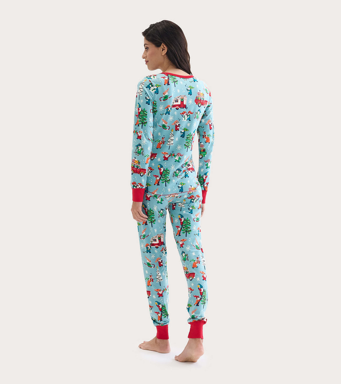 Agrandir l'image de Pantalon de pyjama en jersey pour femme – Gnomes des fêtes sur fond rose
