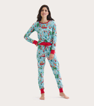 Pantalon de pyjama en jersey pour femme – Gnomes des fêtes sur fond rose