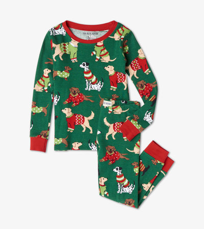 Pyjama pour enfant – Chiens des fêtes sur fond vert