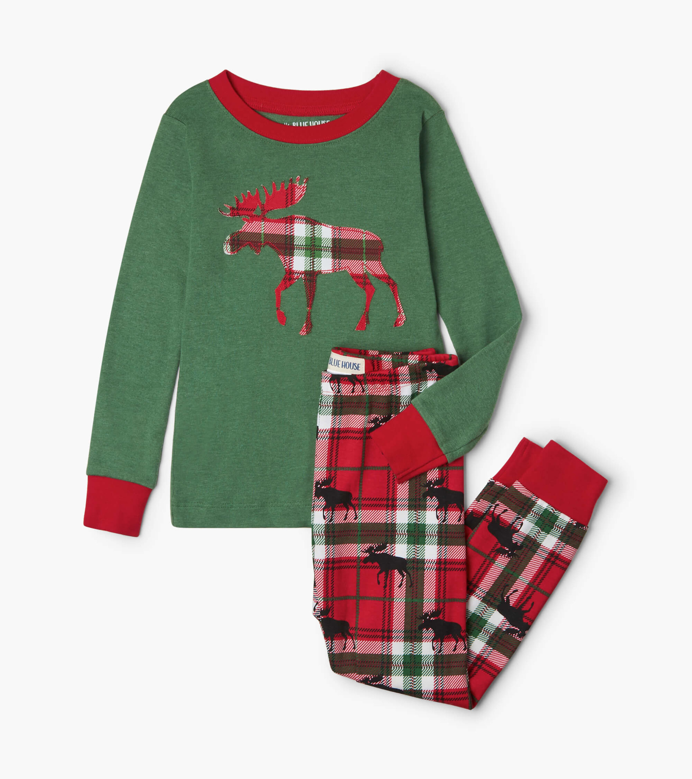 Holiday Moose on Plaid Kids Appliqué Pajama Set - Little Blue House CA