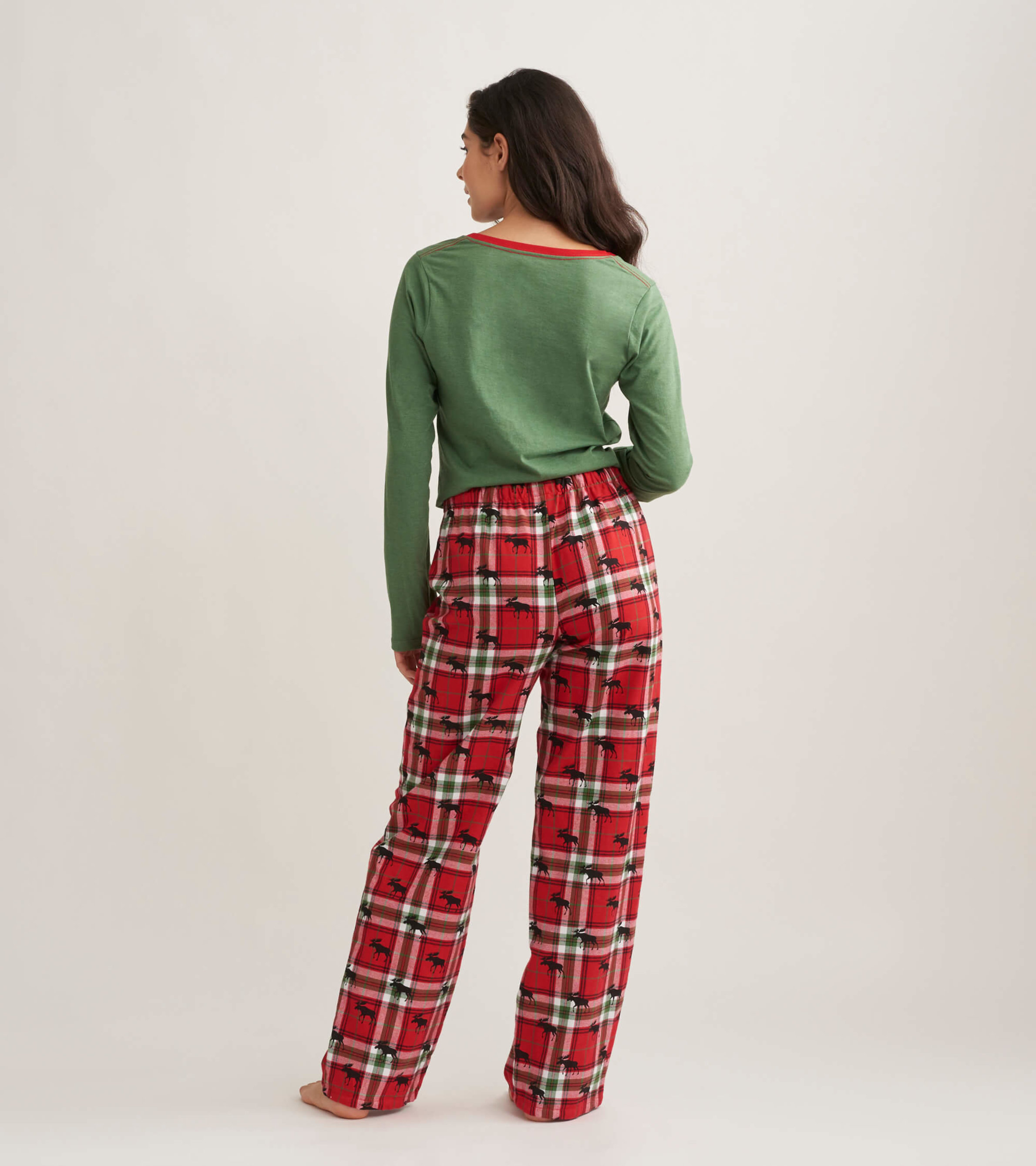 Holiday Moose on Plaid Women's Flannel Pajama Pants - Little Blue