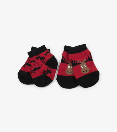 Chaussettes pour bébé (deux paires) – Orignaux sur rouge