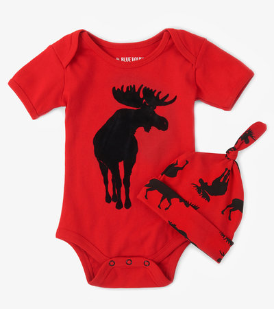 Moose on Red Baby Bodysuit with Hat