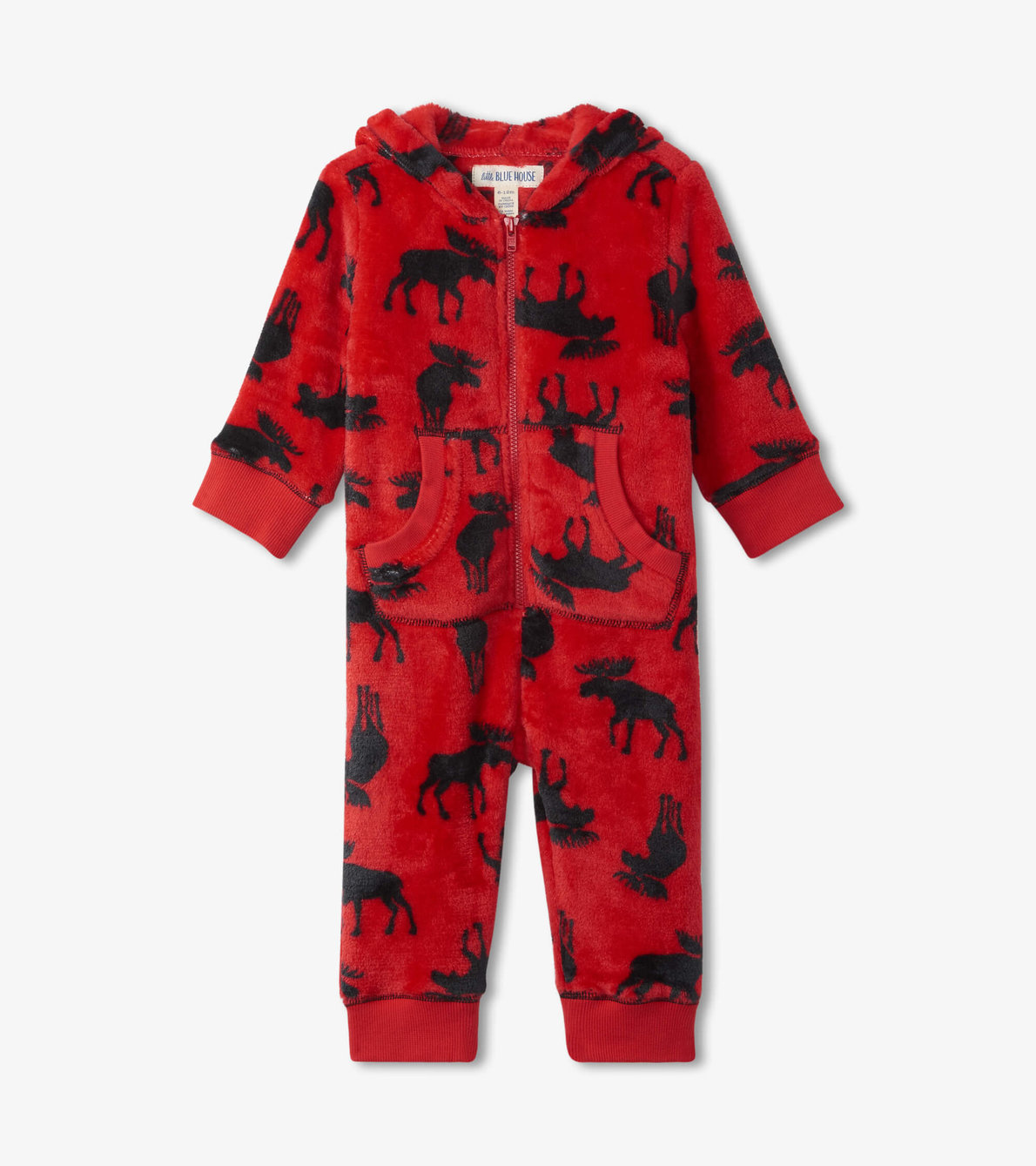 View larger image of Moose on Red Baby Hooded Fleece Jumpsuit