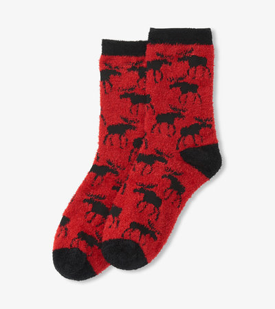 Chaussettes duveteuses – Orignaux sur fond rouge