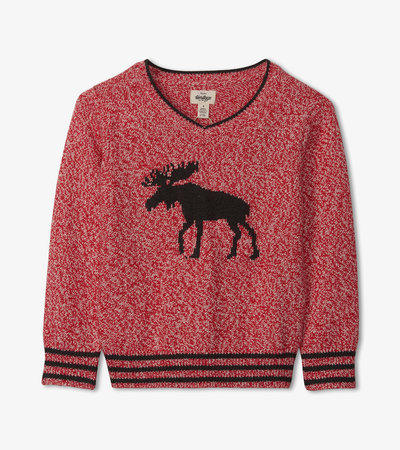 Moose On Red Kids Heritage V-Neck Sweater