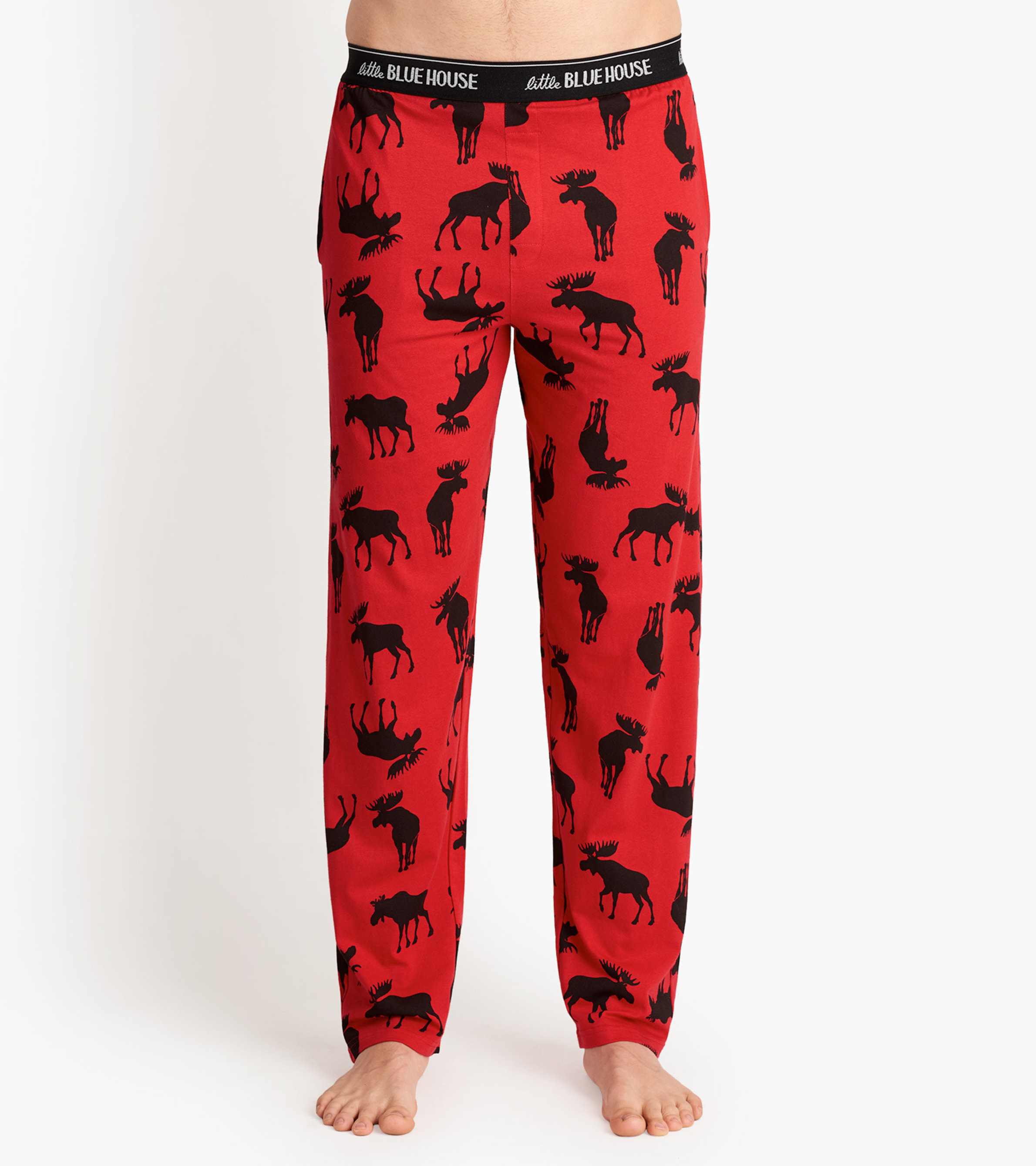 Moose On Red Men's Jersey Pajama Pants - Little Blue House CA