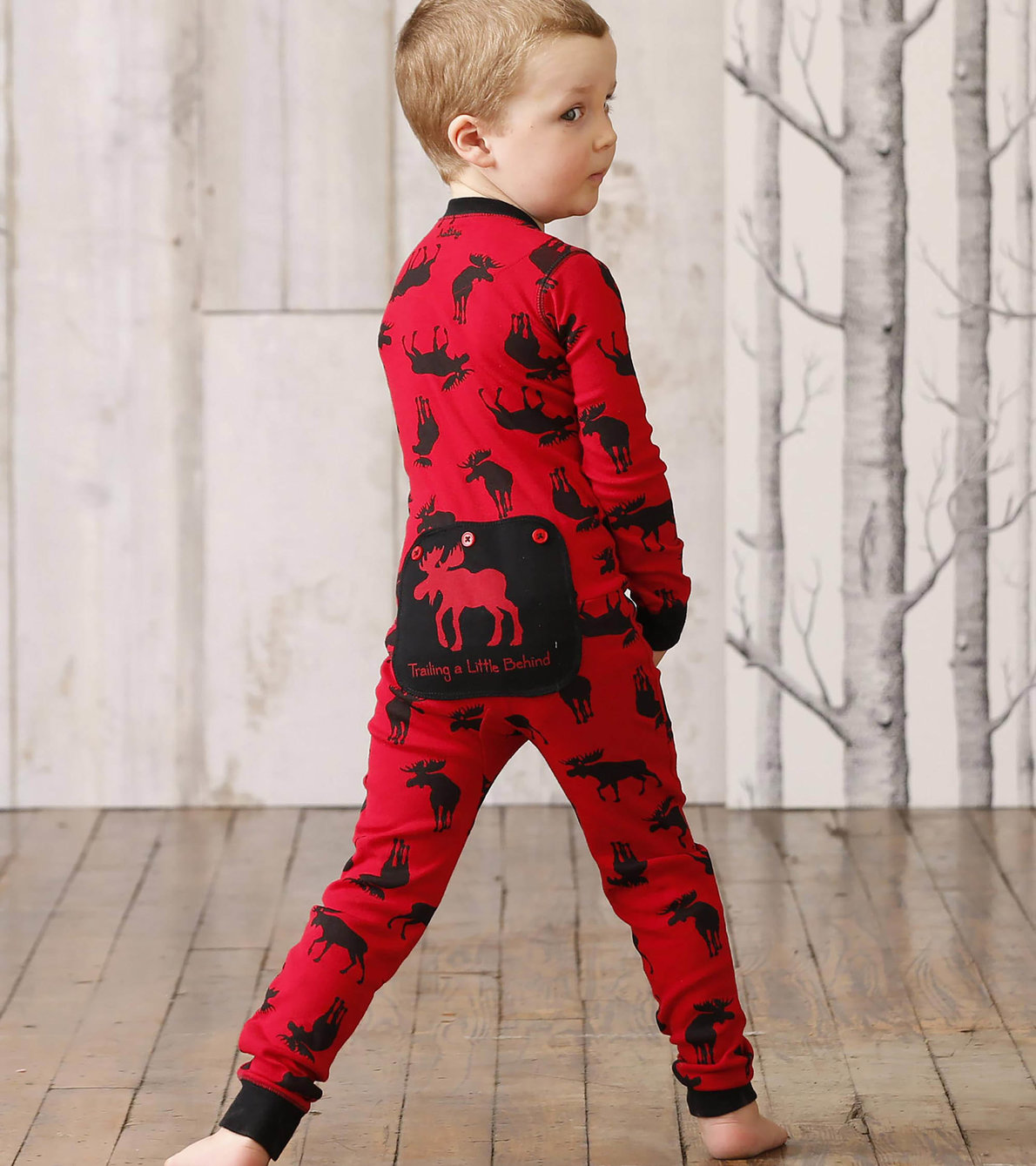 View larger image of Moose on Red "Trailing Behind" Kids Union Suit