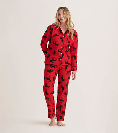 Pyjama en flanelle pour femme – Orignaux sur fond rouge