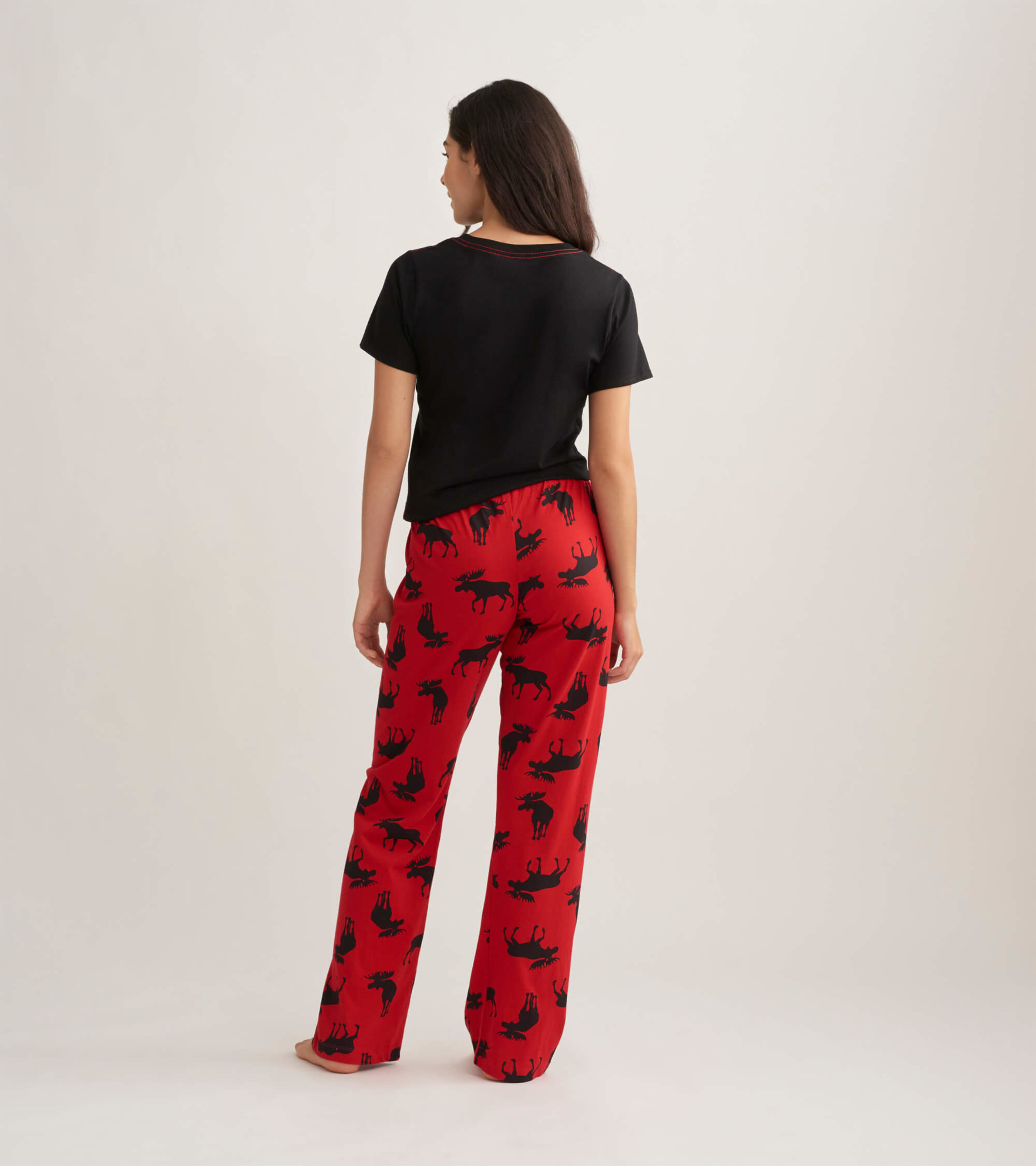 Moose on Red Women's Jersey Pajama Pants - Little Blue House CA