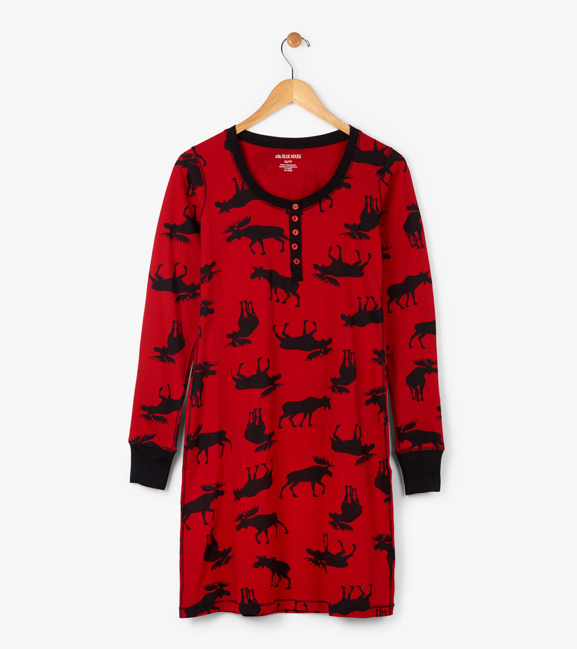Agrandir l'image de Robe de nuit à manches longues pour femme – Orignaux sur fond rouge