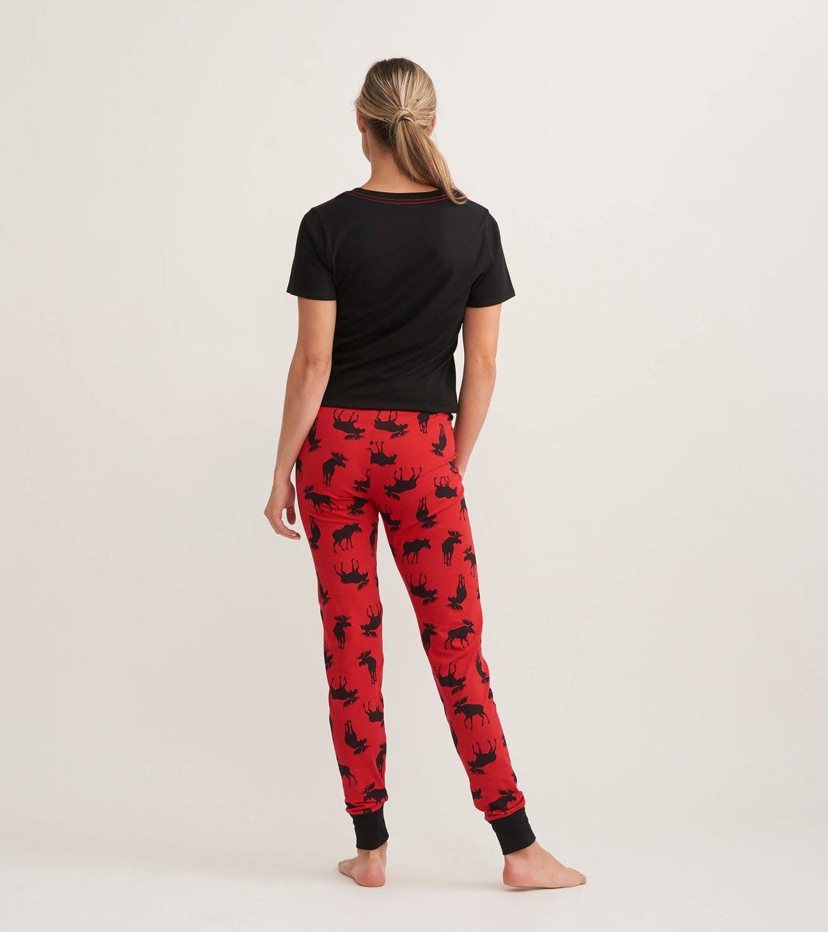Agrandir l'image de T-shirt de pyjama pour femme – Orignaux sur fond rouge