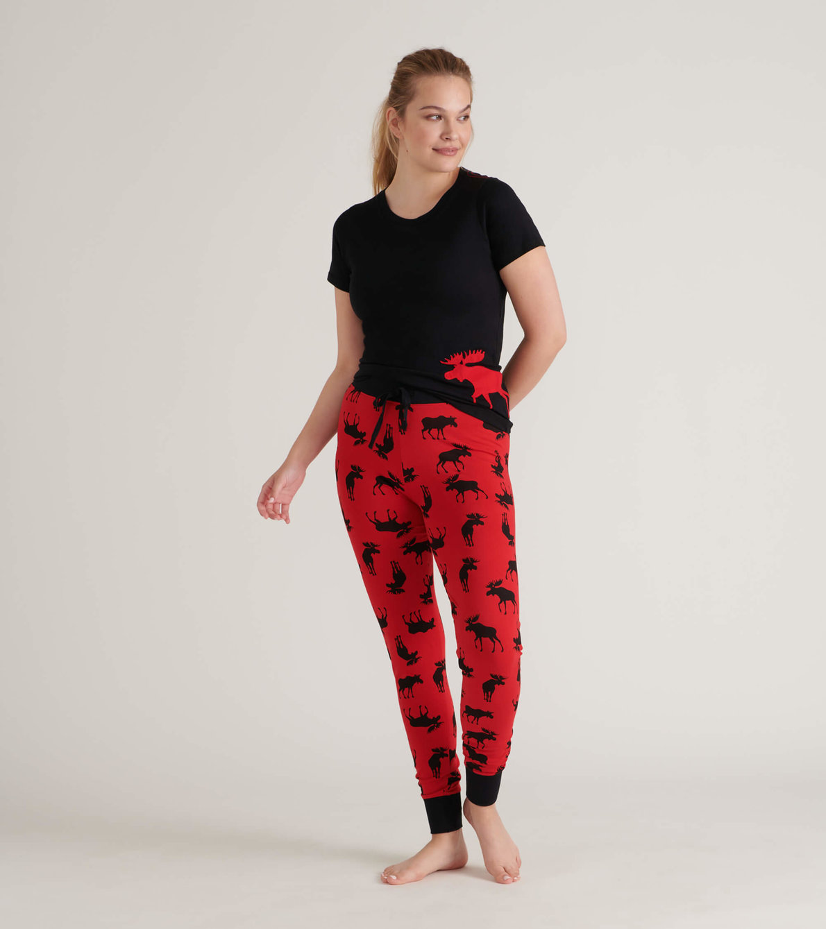 View larger image of Moose on Red Women's Tee and Leggings Pajama Separates