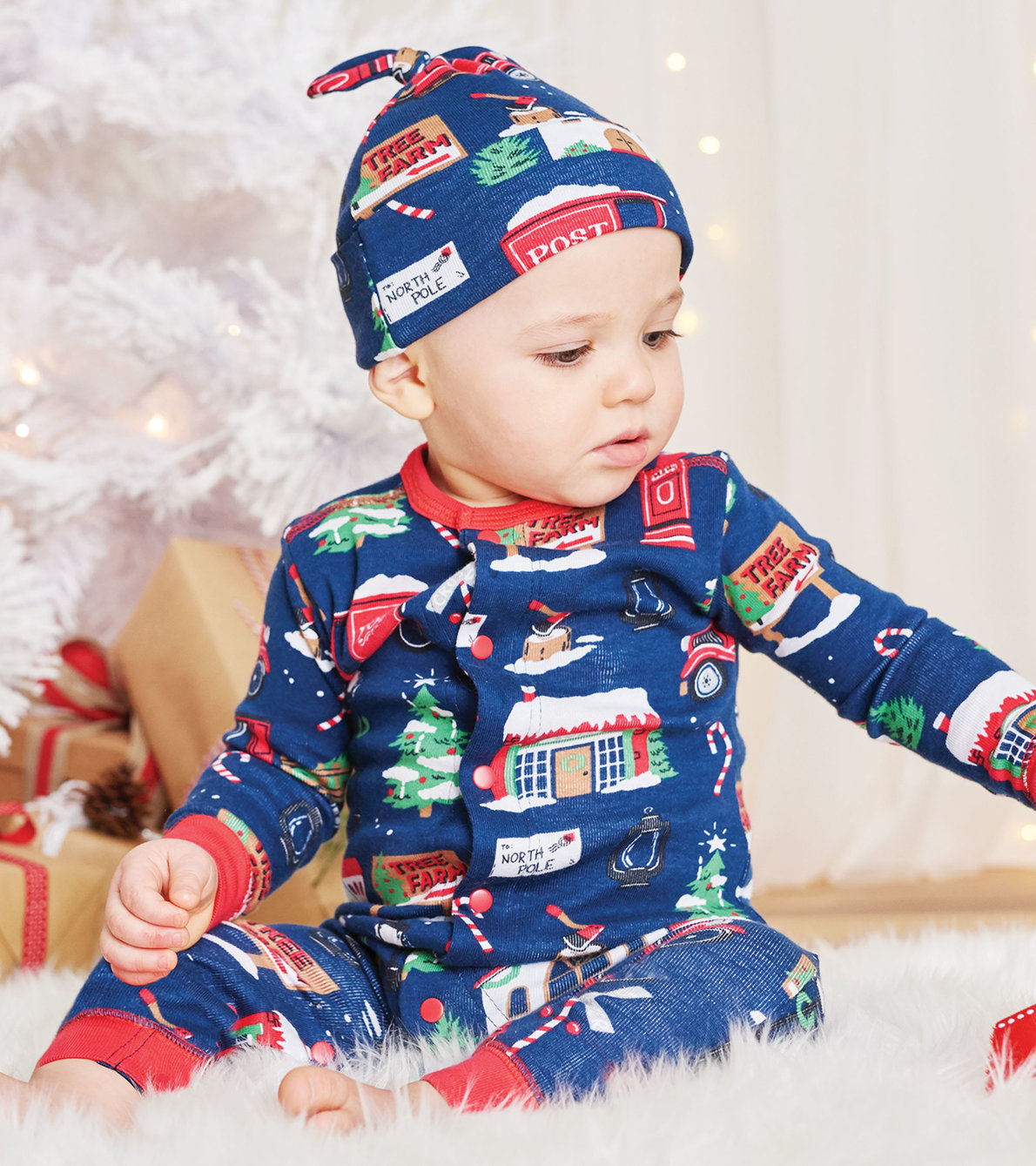 View larger image of Navy Christmas Village Baby Coverall with Hat