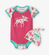 Patterned Moose Baby Bodysuit with Hat