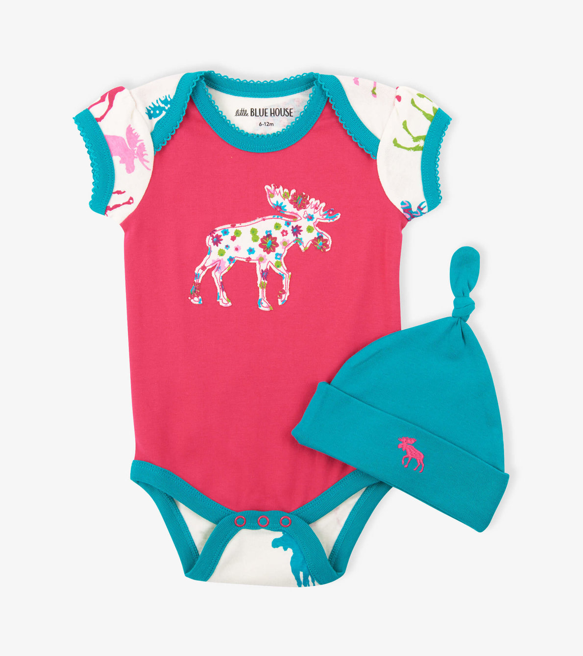 View larger image of Patterned Moose on Red Baby Bodysuit with Hat