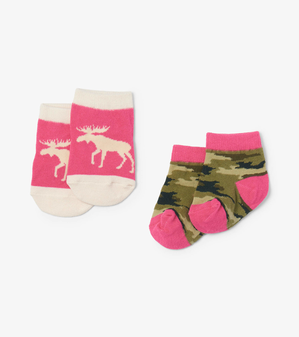 Agrandir l'image de Chaussettes pour bébé (deux paires) – Orignal sur fond rose et motif camouflage