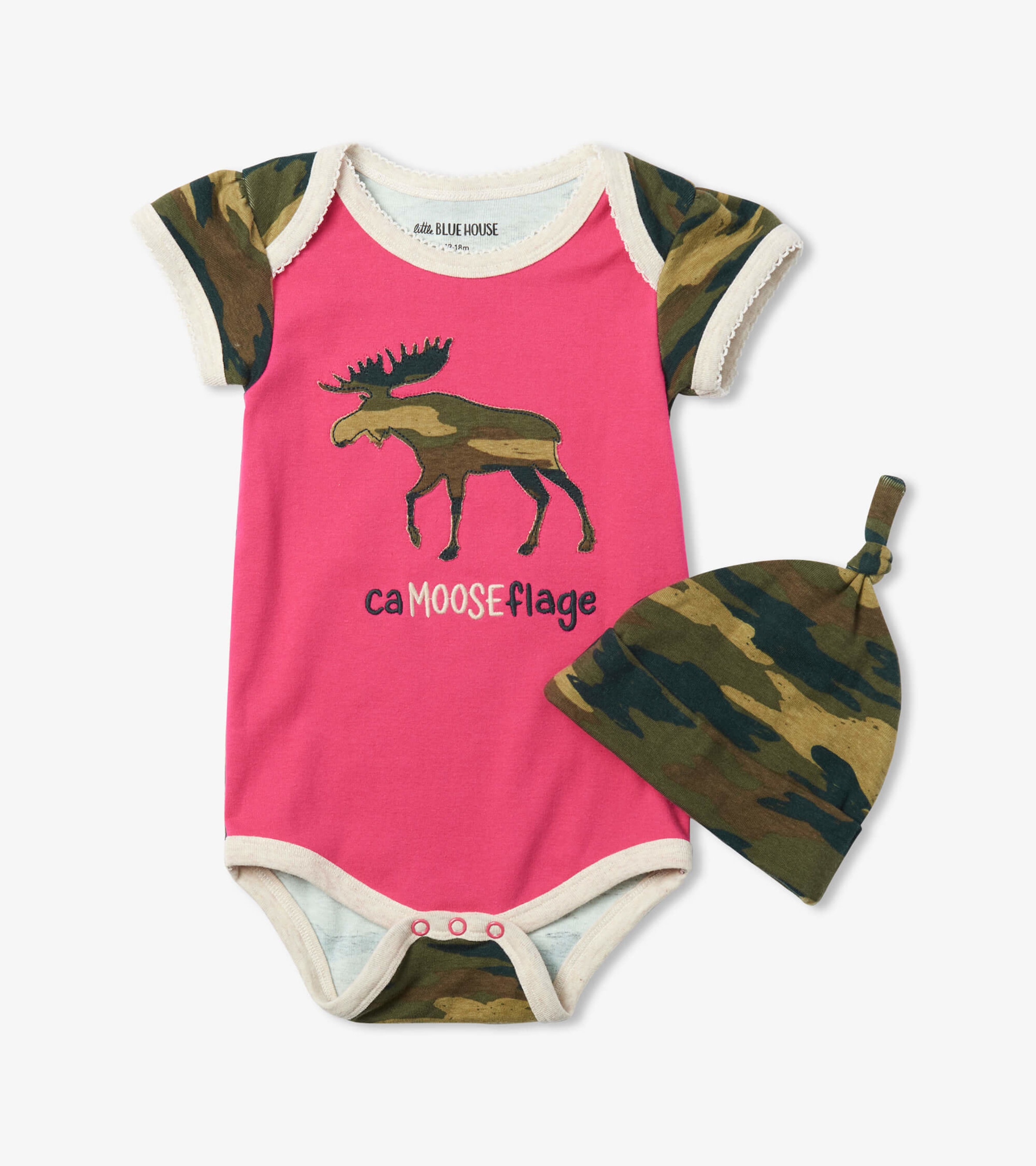 Pink Camooseflage Baby Bodysuit With Hat - Little Blue House US
