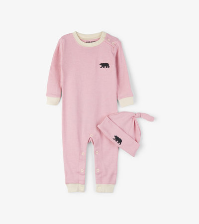 Pink Little Bear Bum Baby Coverall with Hat
