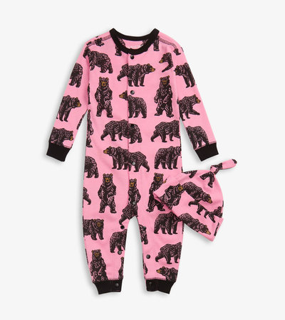 Pink Wild Bears Baby Sleeper & Hat