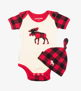 Plaid Moose Baby Bodysuit with Hat