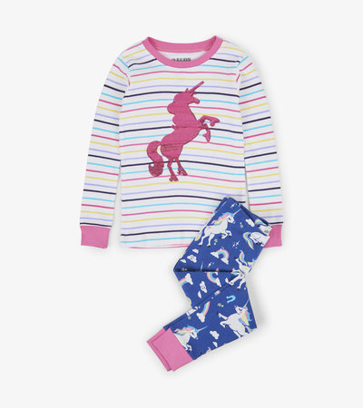 Pyjama à appliqué pour enfant – Licornes sur rayures arc-en-ciel