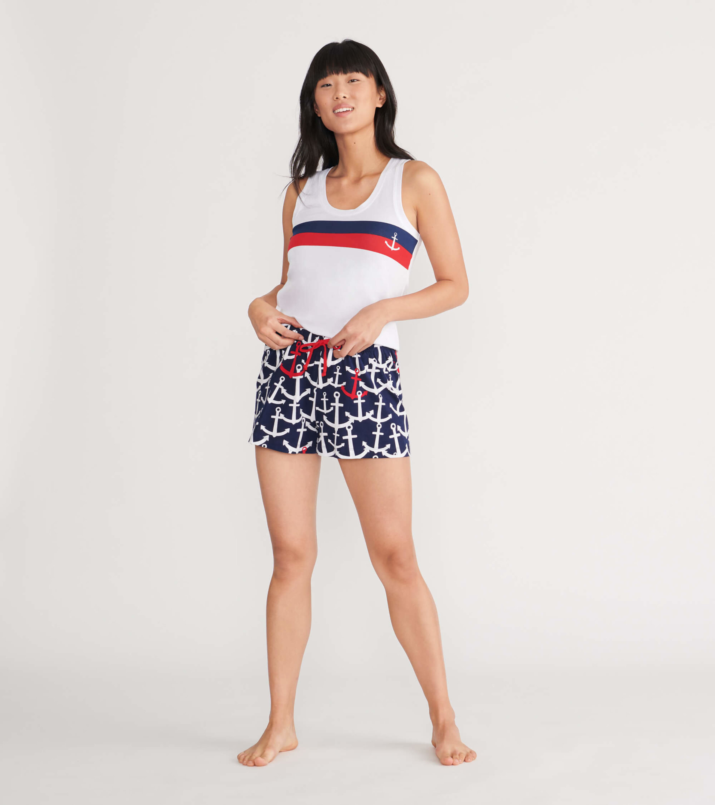 Red and White Anchors Women's Sleep Shorts - Little Blue House US