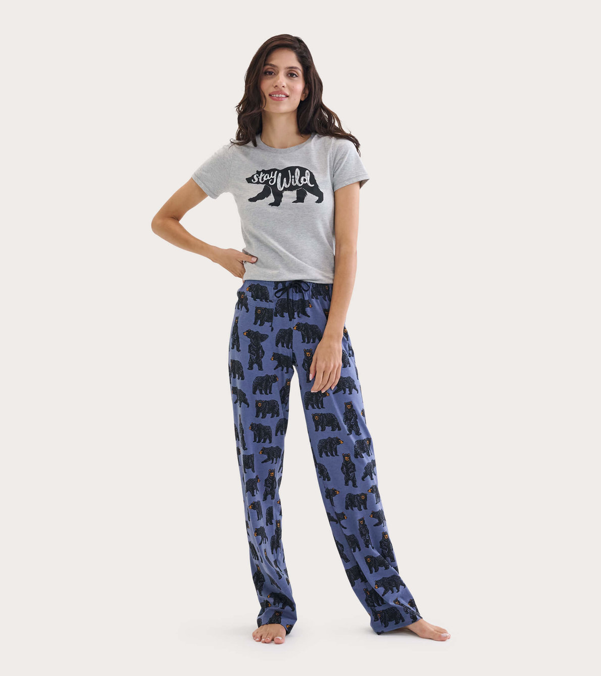 Agrandir l'image de Ensemble de pyjama t-shirt et pantalon interchangeables pour femme - Animaux des bois en ski