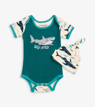 Toothy Sharks Baby Bodysuit With Hat
