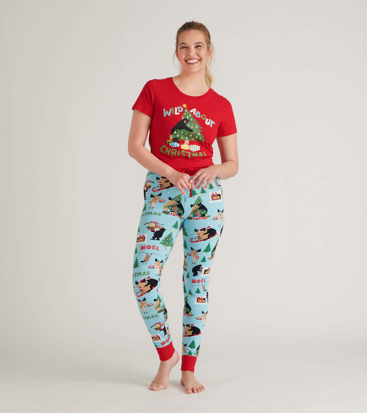 Agrandir l'image de Ensemble de pyjama t-shirt et pantalon interchangeables pour femme - Animaux sauvages de Noël