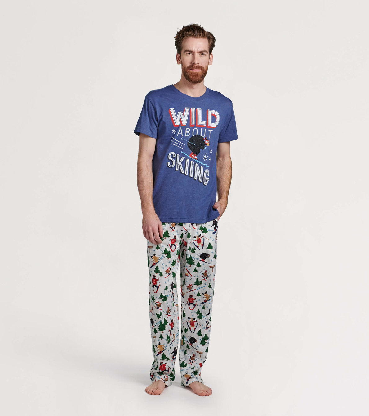 Agrandir l'image de Pantalon de pyjama en jersey pour homme – Animaux des bois en ski