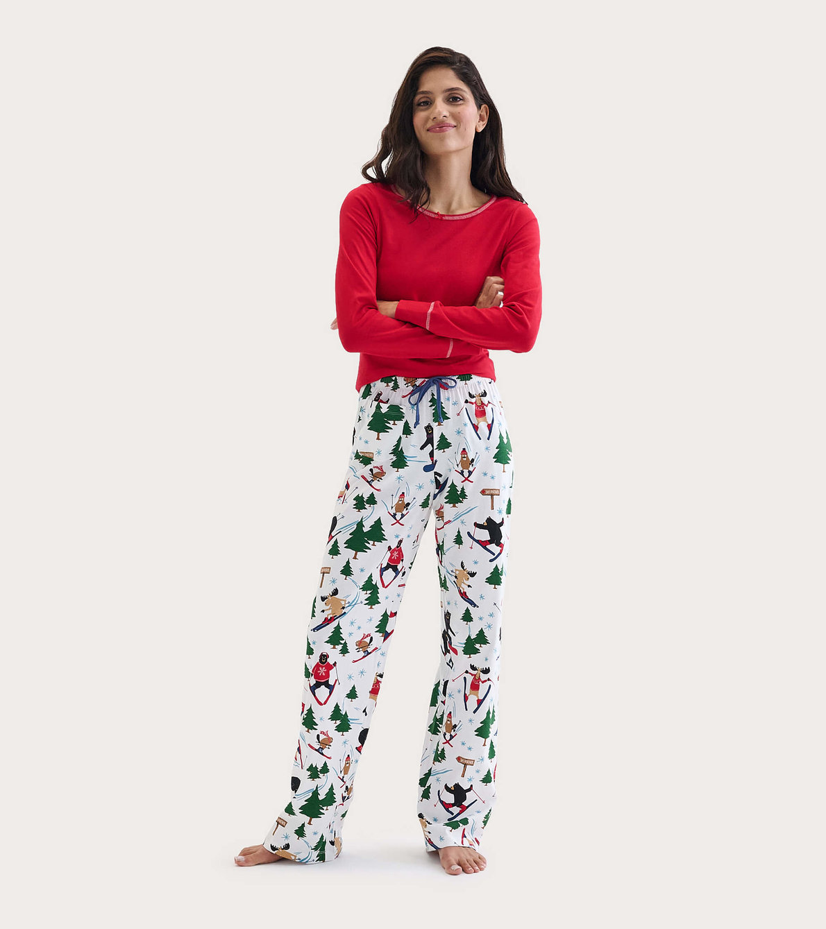 Agrandir l'image de Pantalon de pyjama en jersey pour femme – Animaux des bois en ski