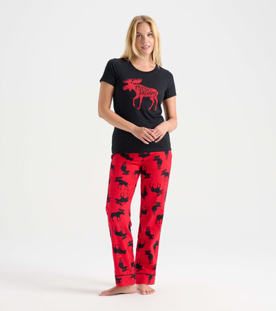 Women's Moose On Red T-Shirt and Pants Pajama Separates