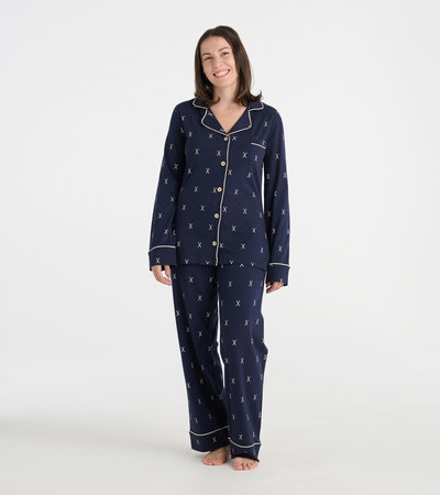 Pyjama à haut boutonné en jersey pour femme – Skis sur bleu marine