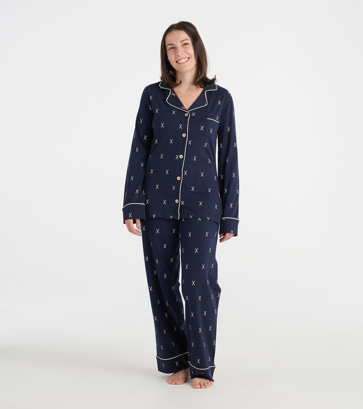 Agrandir l'image de Pyjama à haut boutonné en jersey pour femme – Skis sur bleu marine