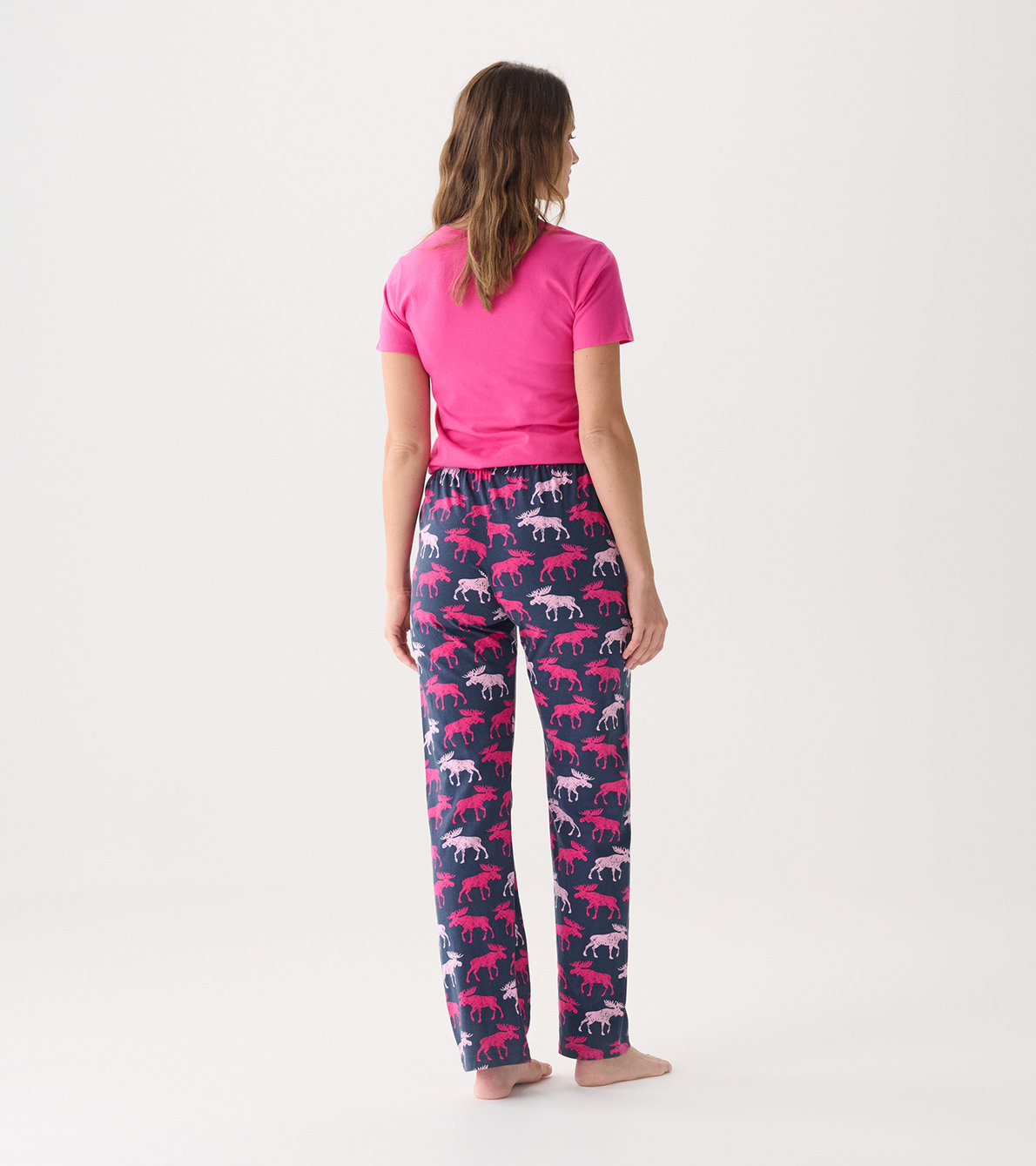Agrandir l'image de Ensemble de pyjama t-shirt et pantalon interchangeables pour femme - Orignal sur fond framboise