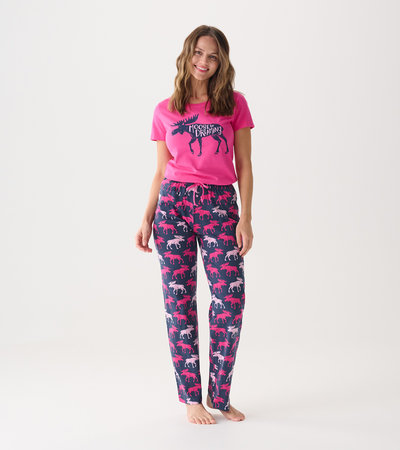 Ensemble de pyjama t-shirt et pantalon interchangeables pour femme - Orignal sur fond framboise